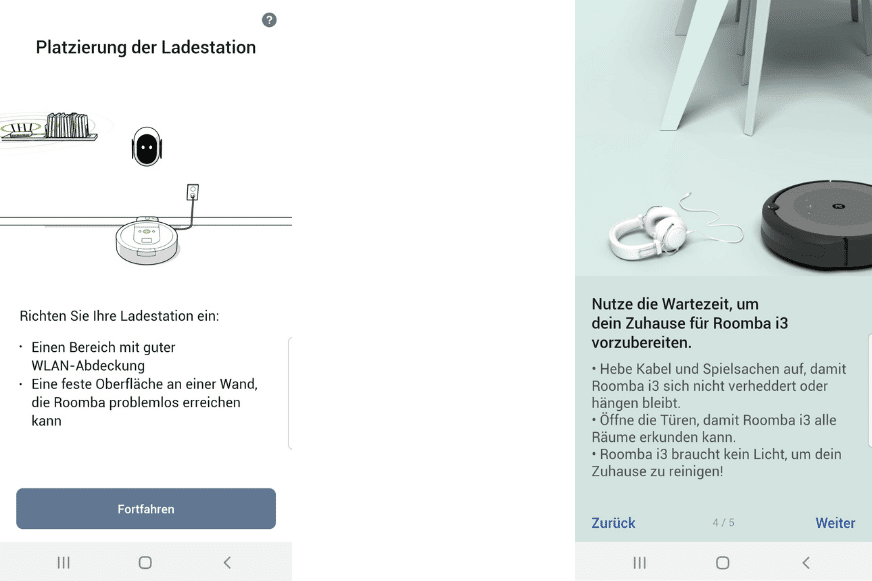 Einrichtungshinweise werden in der Roomba App angezeigt